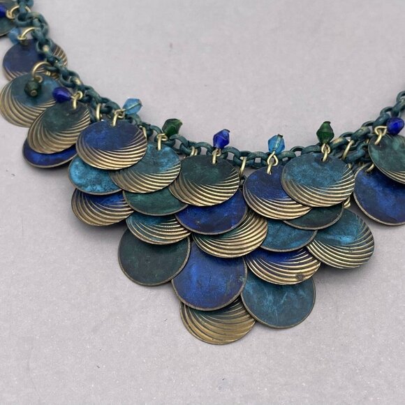 Beads Disk Bib Necklace Gold Tone Blue Hook Closure 17 to 19 Inches - Picture 3 of 5
